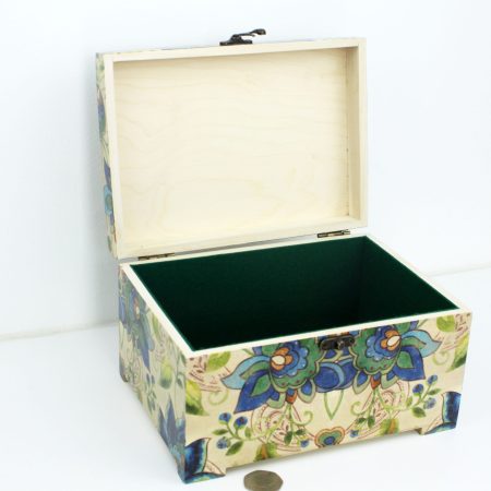 Wood handmade keepsake jewellery, memories, photo box, Moorcroft style Flowers, Lined