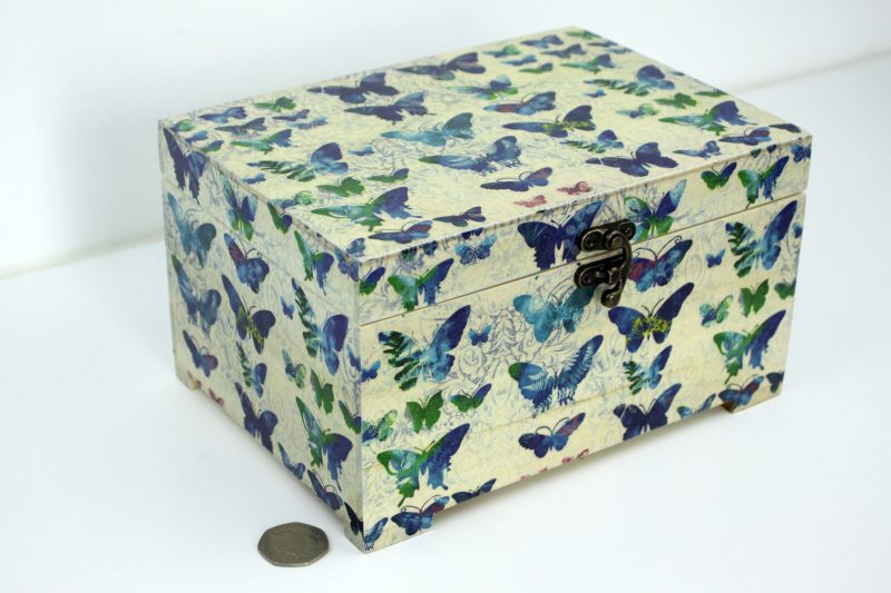 Wood handmade keepsake jewellery, memories, photo box, Butterfly, Flowers design, Lined