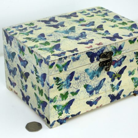 Wood handmade keepsake jewellery, memories, photo box, Butterfly, Flowers design, Lined