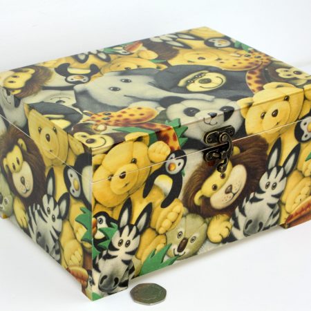 Wood handmade keepsake jewellery, memories, photo box, Wildlife animals plush toy design, Lined