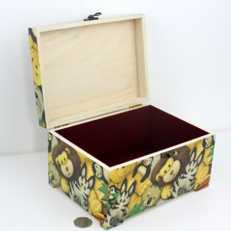 Wood handmade keepsake jewellery, memories, photo box, Wildlife animals plush toy design, Lined