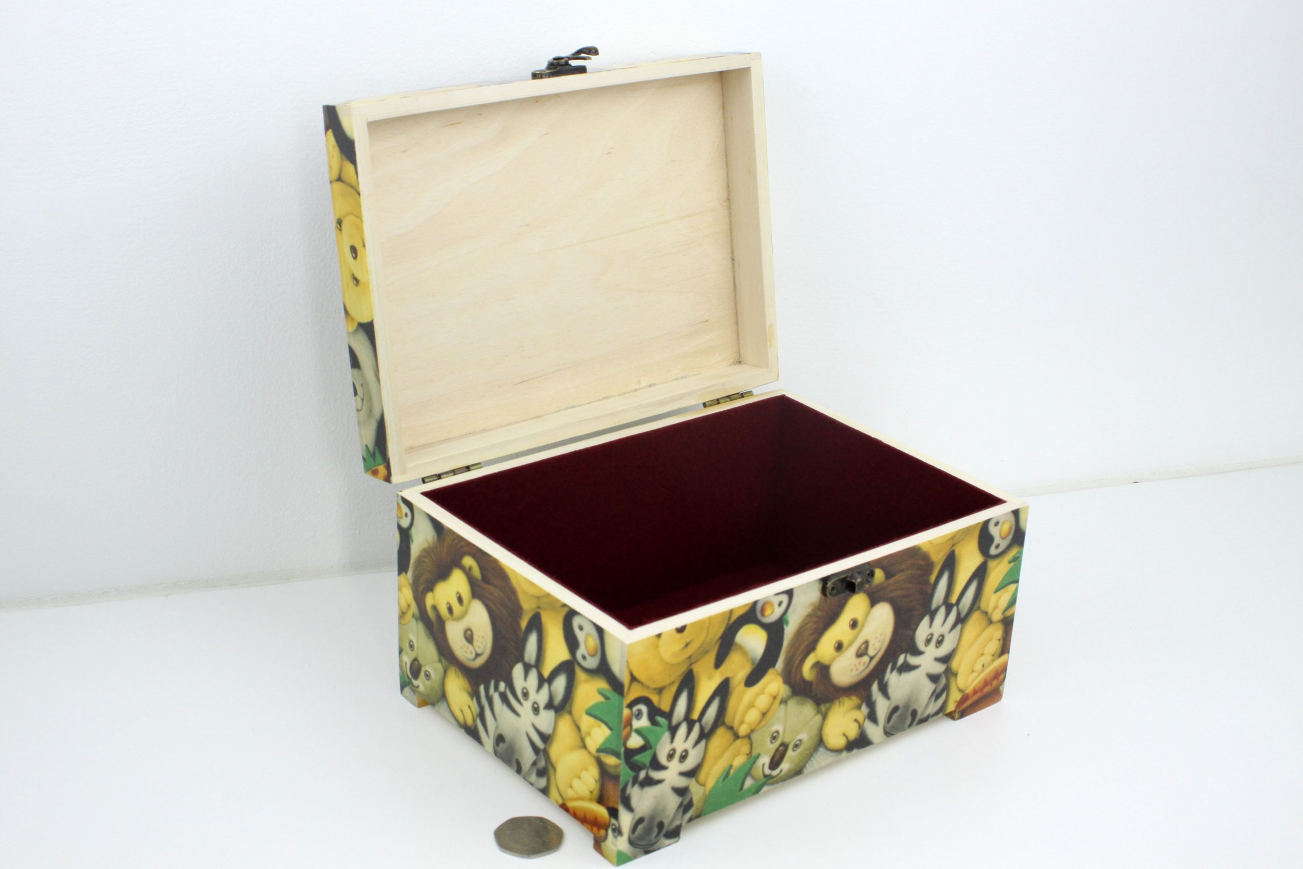 Wood handmade keepsake jewellery, memories, photo box, Wildlife animals plush toy design, Lined