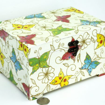 Wood handmade keepsake jewellery, memories, photo box, Butterfly, Flowers design, Lined