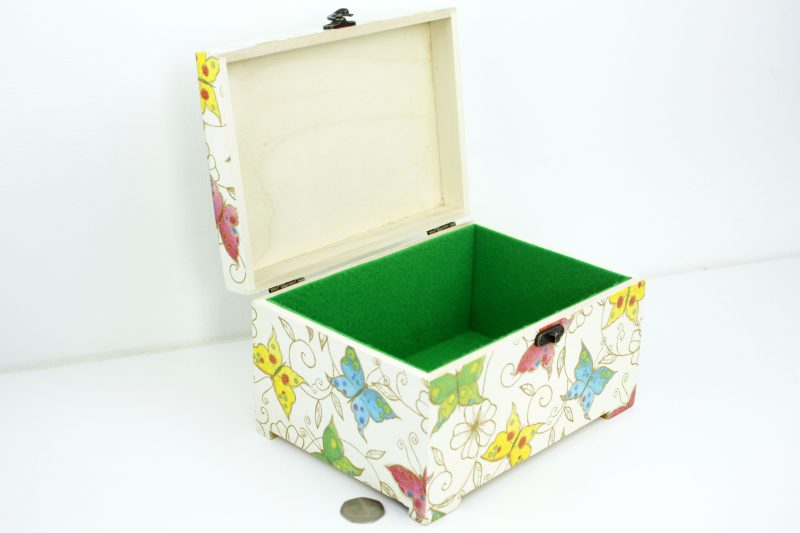 Wood handmade keepsake jewellery, memories, photo box, Butterfly, Flowers design, Lined