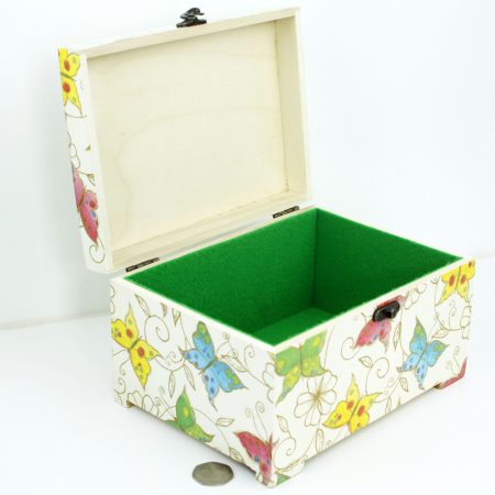 Wood handmade keepsake jewellery, memories, photo box, Butterfly, Flowers design, Lined