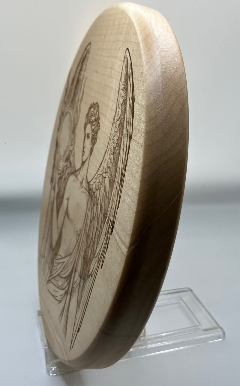 Large Engraved Archangel Uriel on round Beech, Wall Hanging