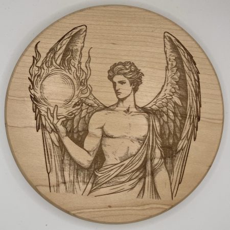 Large Engraved Archangel Uriel on round Beech, Wall Hanging
