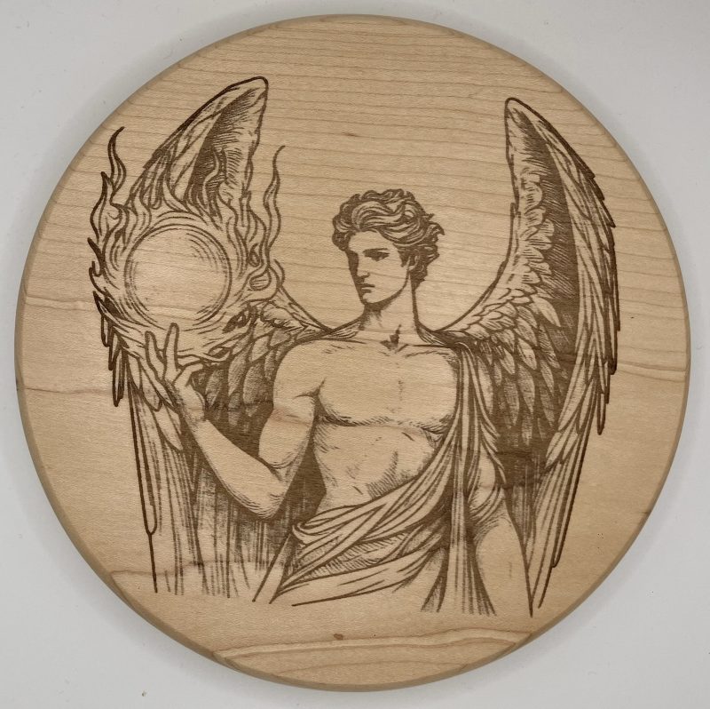 Large Engraved Archangel Uriel on round Beech, Wall Hanging