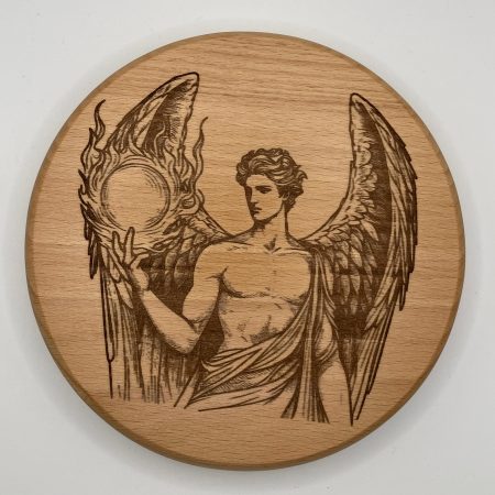 Engraved Archangel Uriel on small round Beech, Wall Hanging