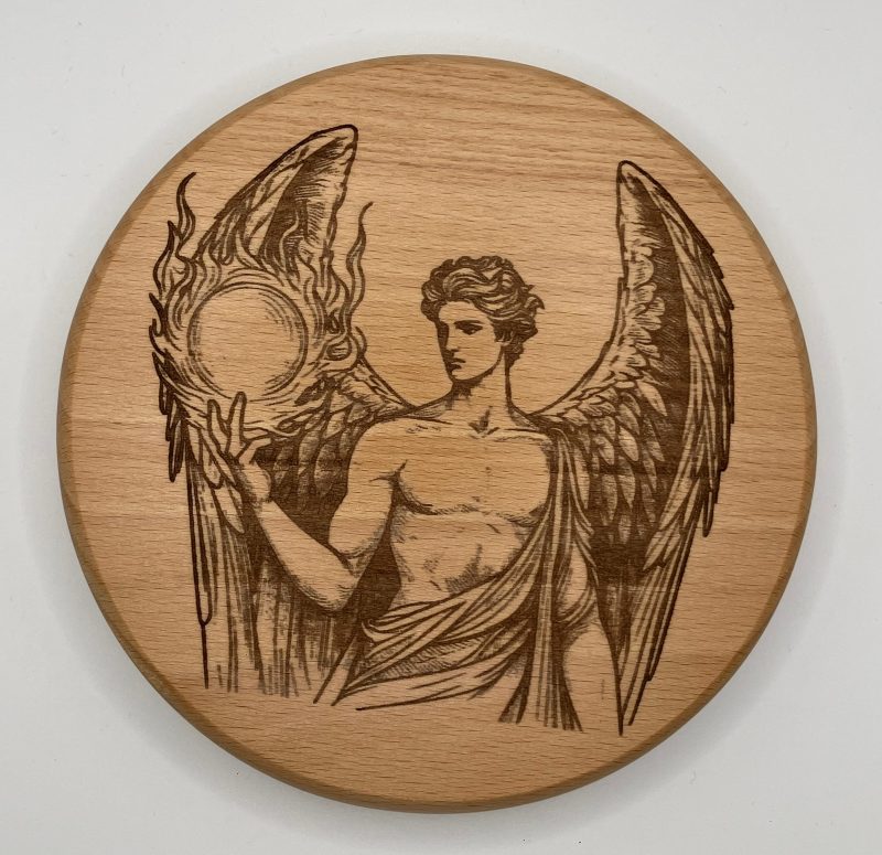 Engraved Archangel Uriel on small round Beech, Wall Hanging