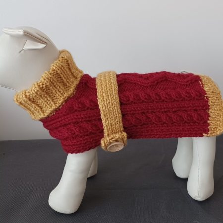 Handmade Small Dog Coat Jumper Knitted In Red And Gold With Cables and Buttons