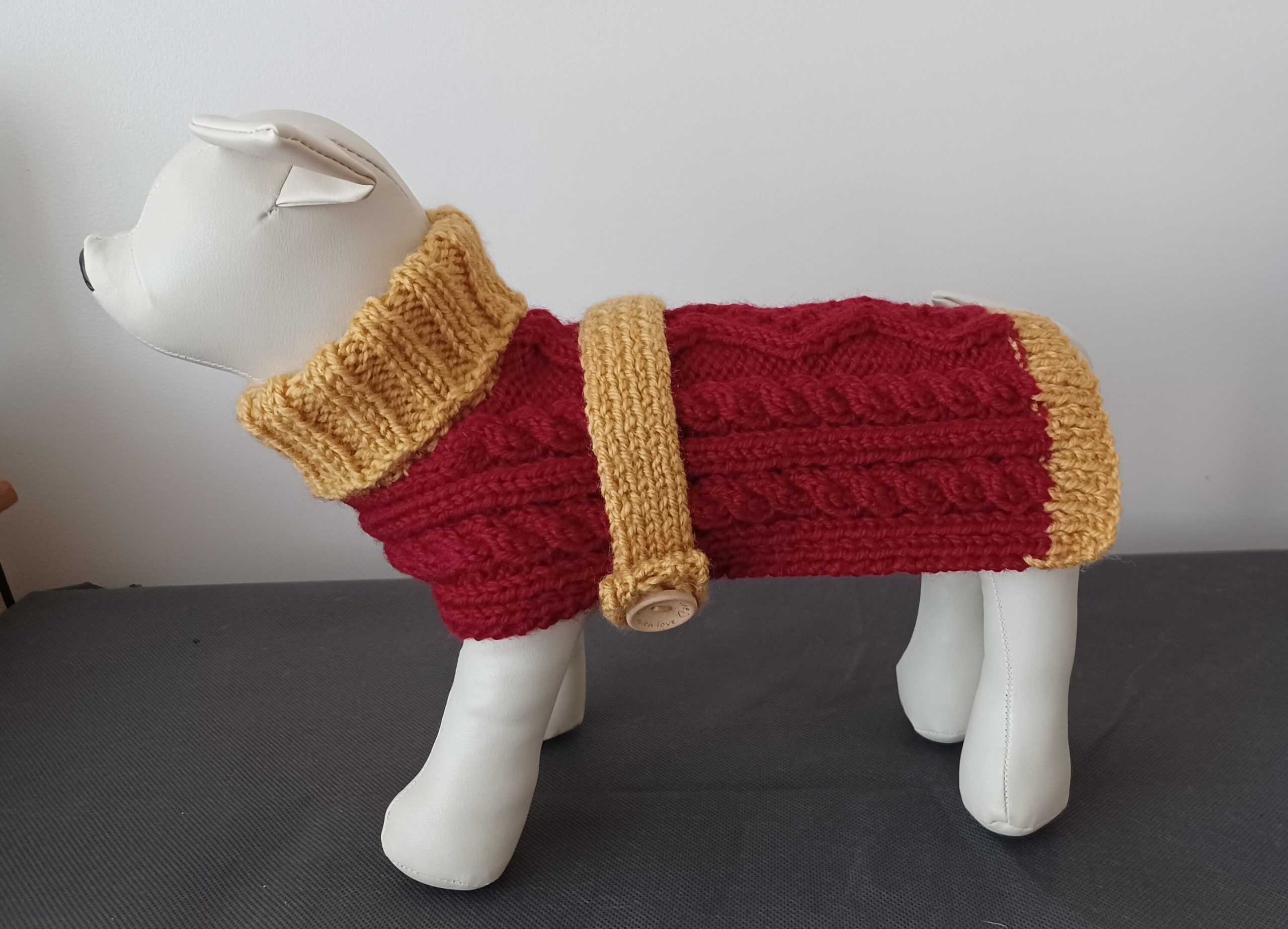 Handmade Small Dog Coat Jumper Knitted In Red And Gold With Cables and Buttons