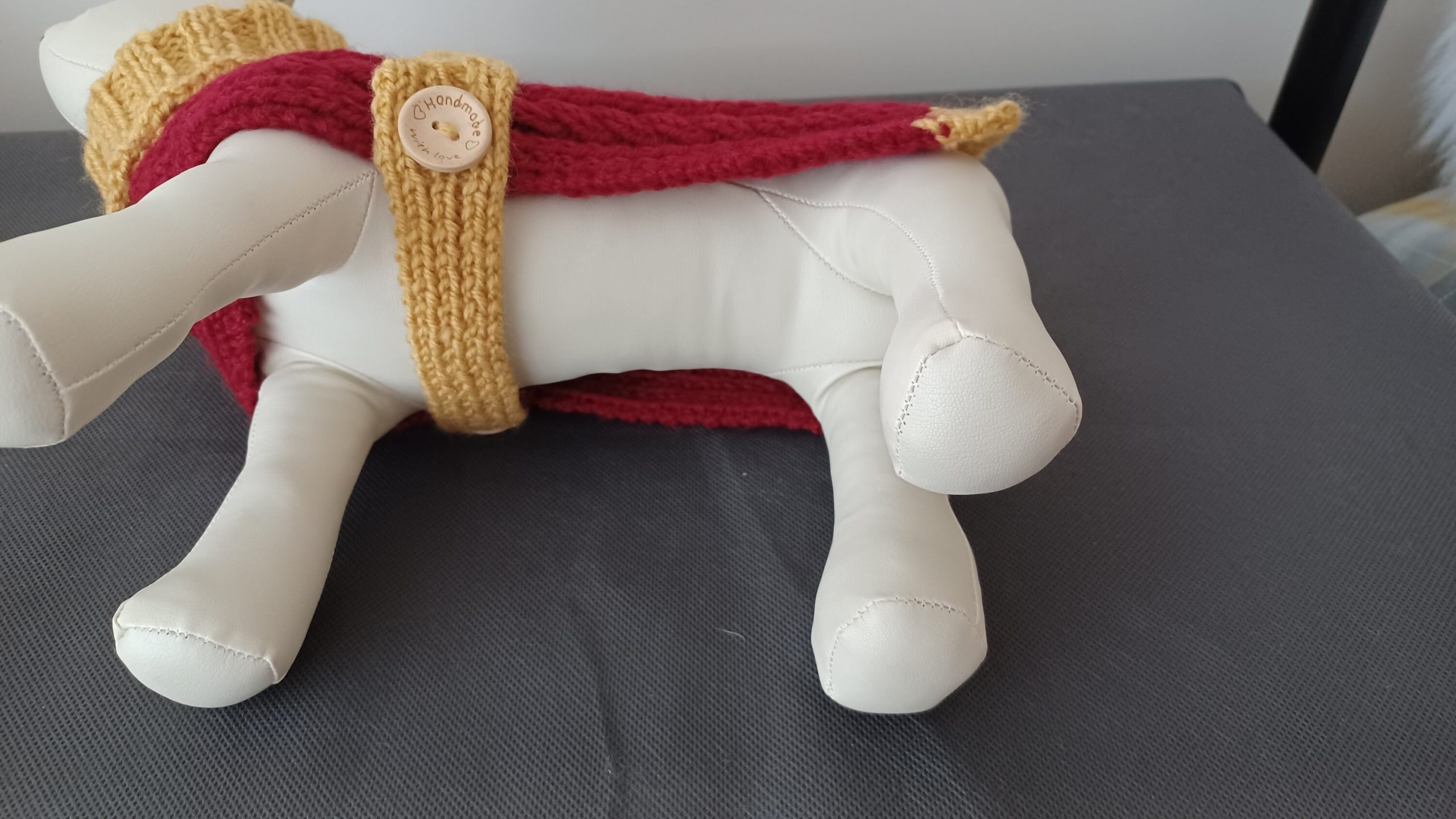 Handmade Small Dog Coat Jumper Knitted In Red And Gold With Cables and Buttons