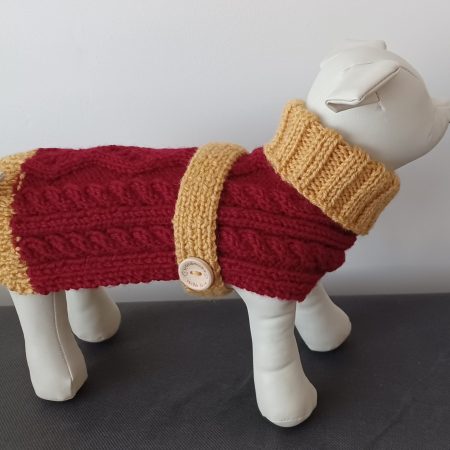 Handmade Small Dog Coat Jumper Knitted In Red And Gold With Cables and Buttons
