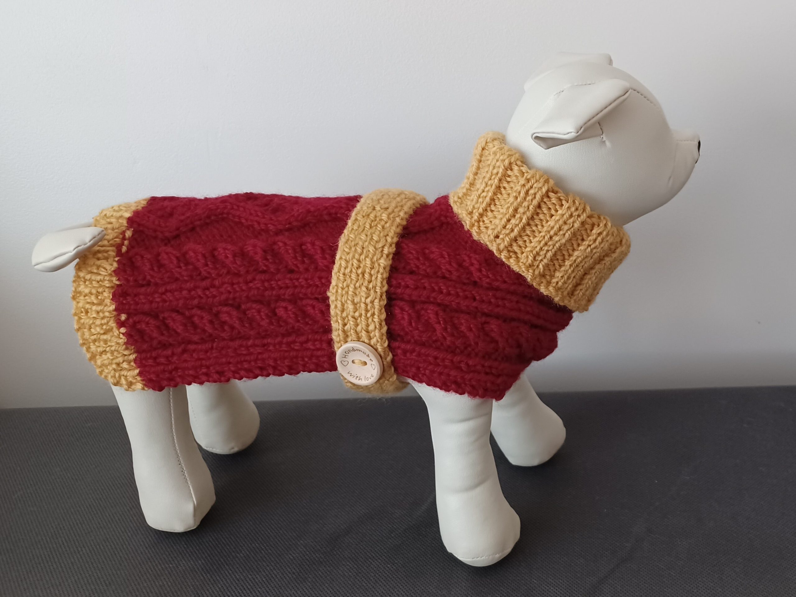 Handmade Small Dog Coat Jumper Knitted In Red And Gold With Cables and Buttons