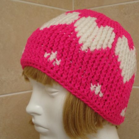 Pretty Crochet Hat Bright Pink With White Hearts