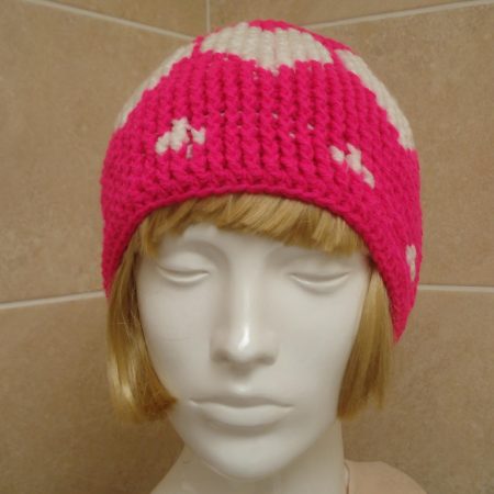 Pretty Crochet Hat Bright Pink With White Hearts