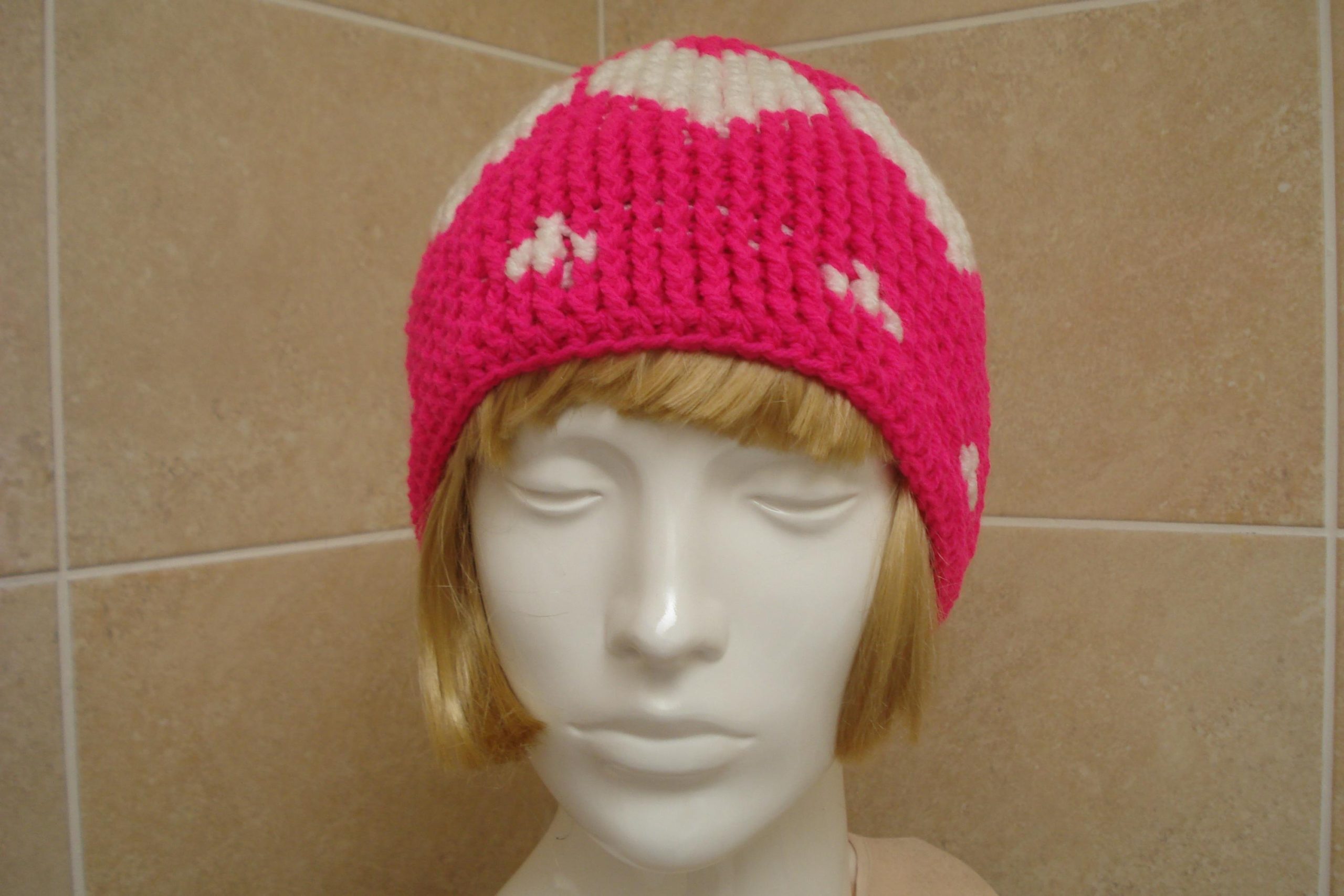 Pretty Crochet Hat Bright Pink With White Hearts