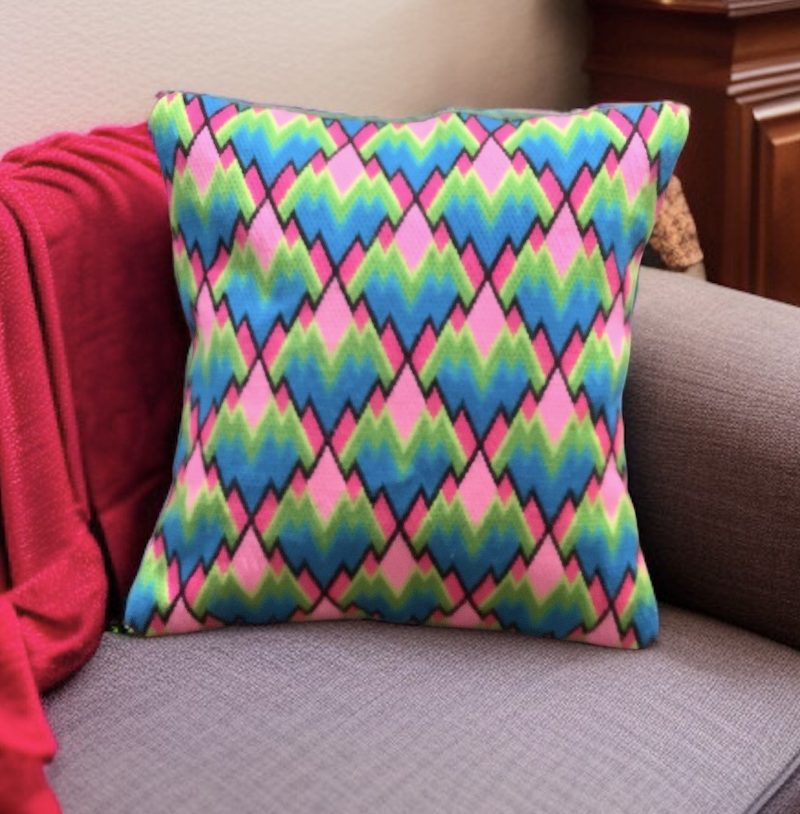 One of a kind needlepoint cushion in a multicoloured geometric design