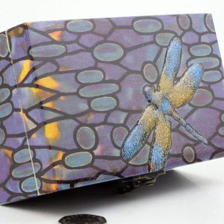 Wood handmade keepsake jewellery, memories, card box, Dragonfly, 3D style, Wildlife, Purple lined