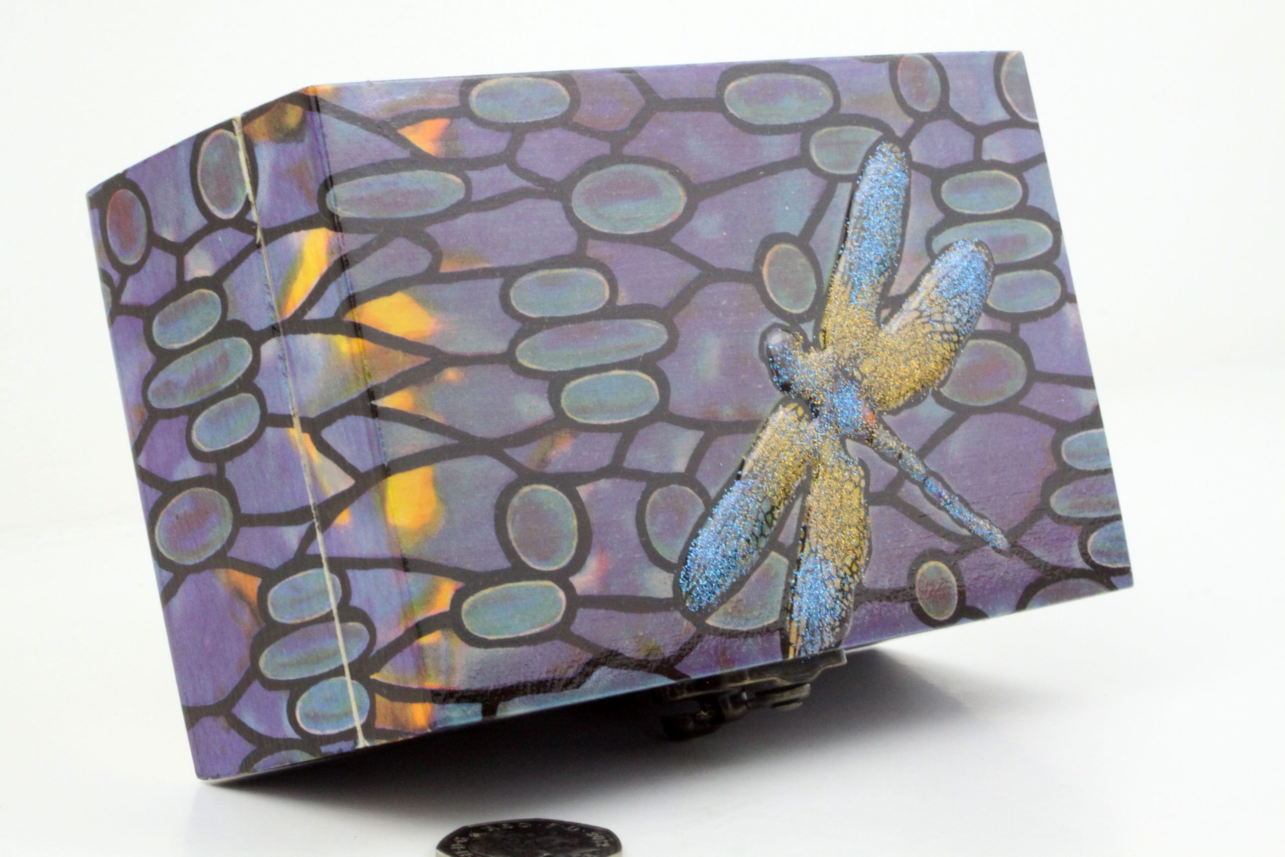 Wood handmade keepsake jewellery, memories, card box, Dragonfly, 3D style, Wildlife, Purple lined