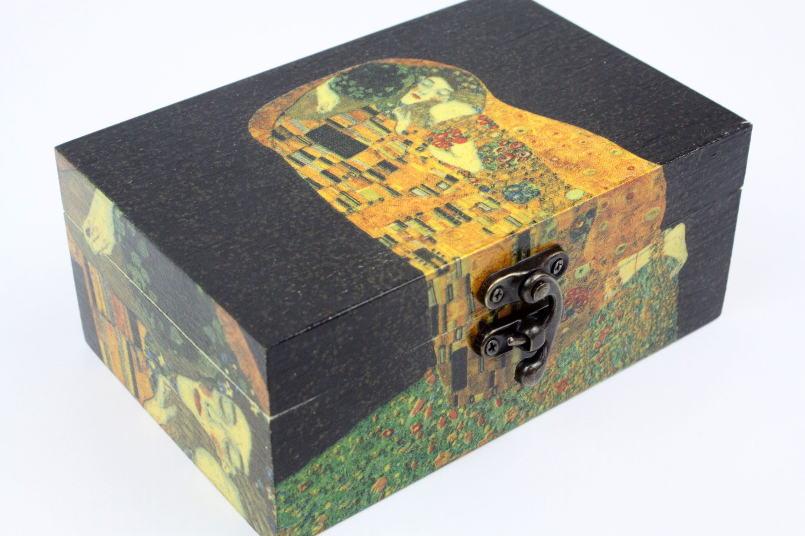 Wood handmade keepsake jewellery, memories, card box, The Kiss - Gustav Klimt, Black lined
