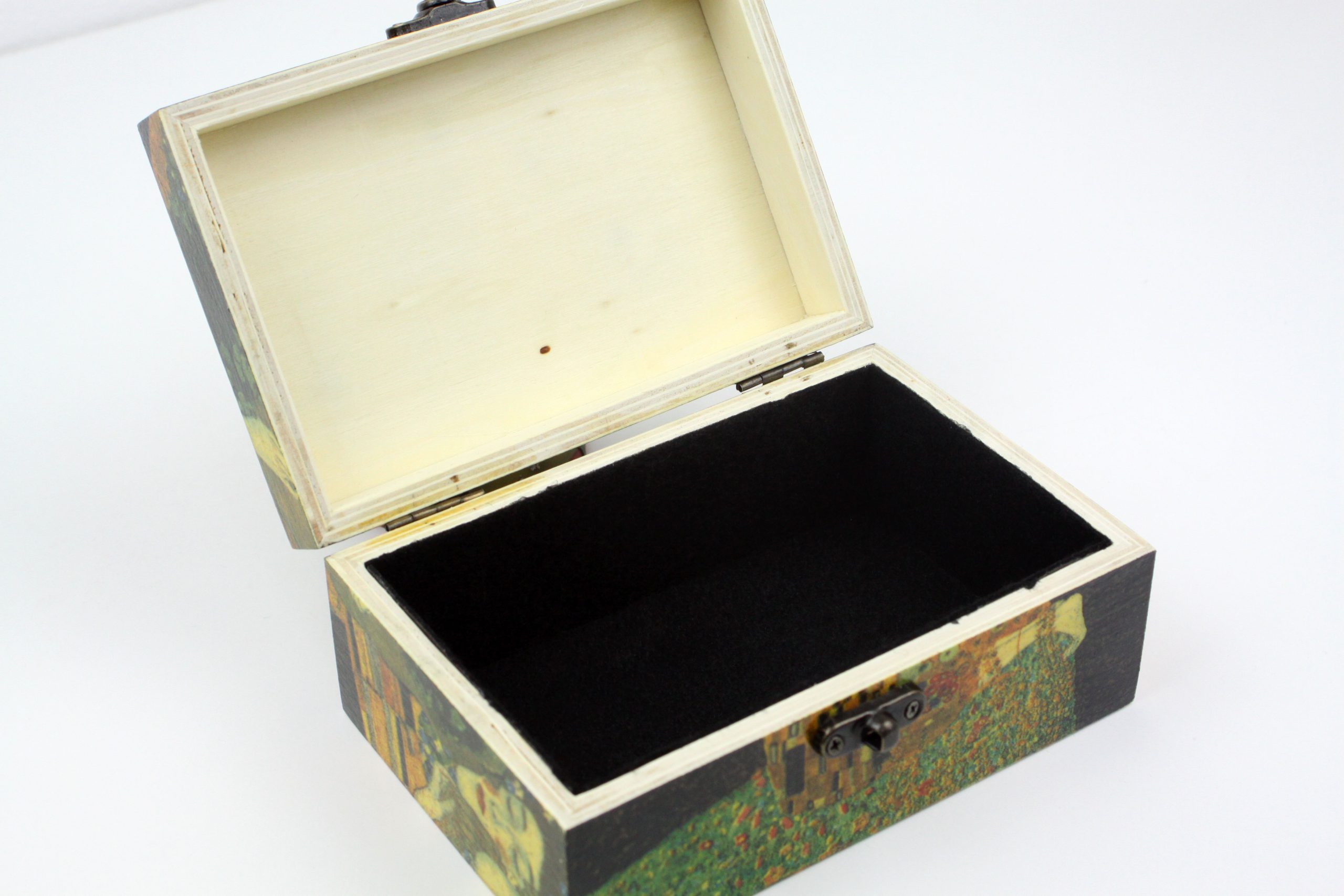 Wood handmade keepsake jewellery, memories, card box, The Kiss - Gustav Klimt, Black lined