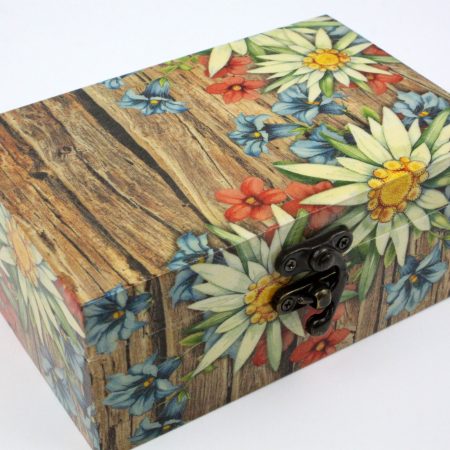 Wood handmade keepsake jewellery, memories, card box, Flowers Garden style, Green lined