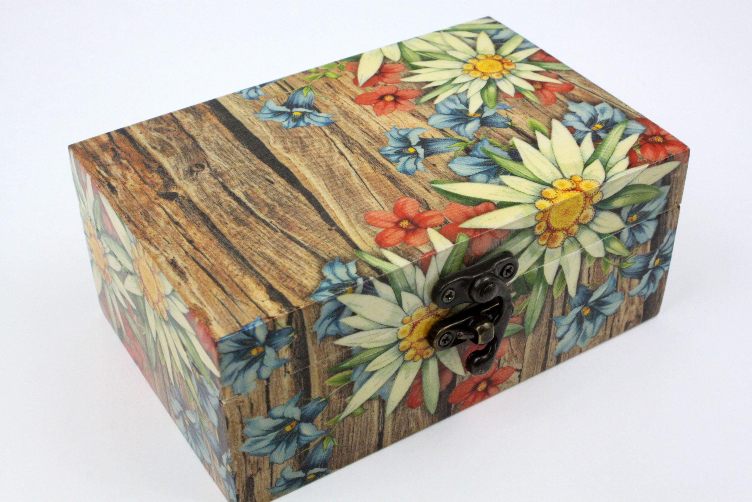 Wood handmade keepsake jewellery, memories, card box, Flowers Garden style, Green lined