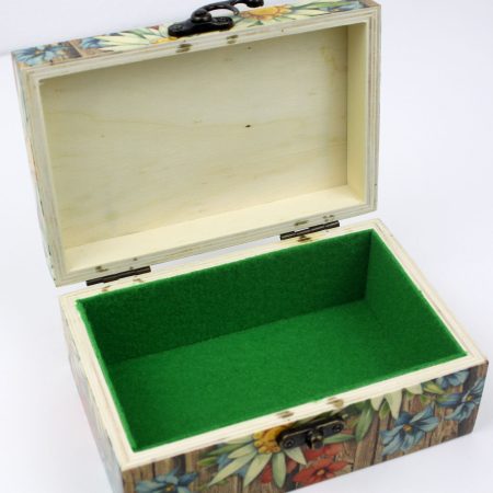 Wood handmade keepsake jewellery, memories, card box, Flowers Garden style, Green lined