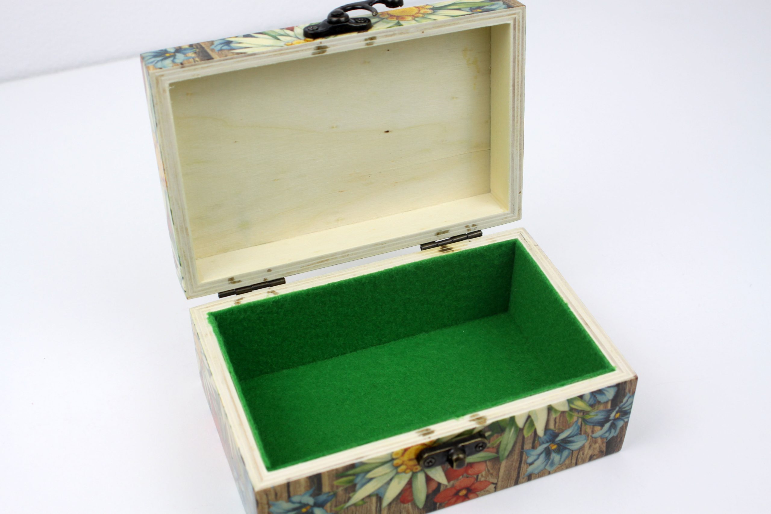 Wood handmade keepsake jewellery, memories, card box, Flowers Garden style, Green lined