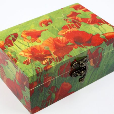 Wood handmade keepsake jewellery, memories, card box, Poppy Flowers Garden design, Green lined