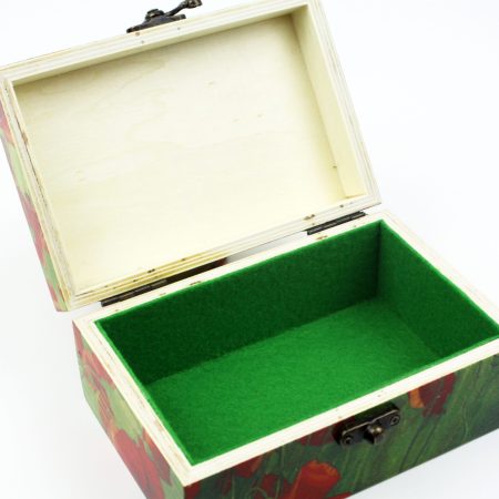 Wood handmade keepsake jewellery, memories, card box, Poppy Flowers Garden design, Green lined