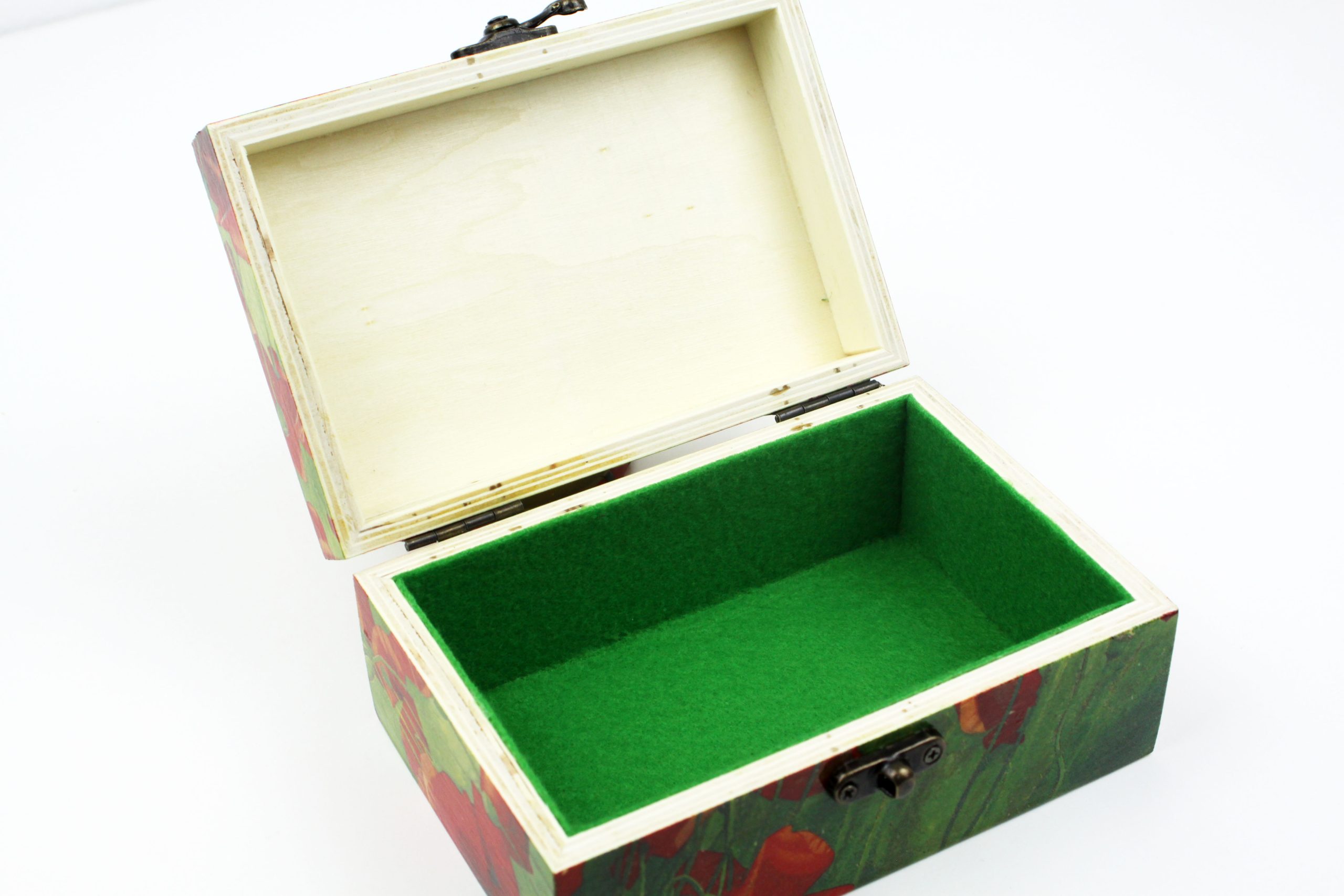 Wood handmade keepsake jewellery, memories, card box, Poppy Flowers Garden design, Green lined