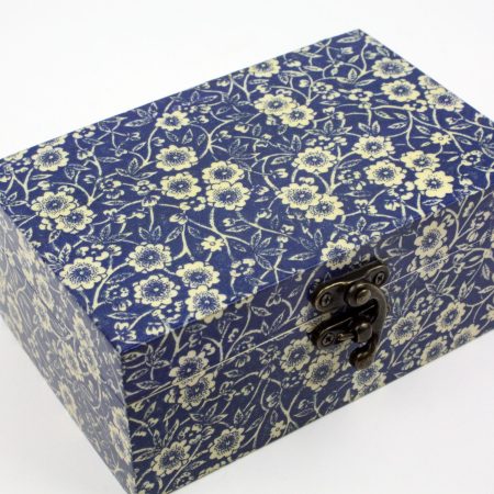 Wood handmade keepsake jewellery, memories, card box, Blue and white Flowers design, Blue lined