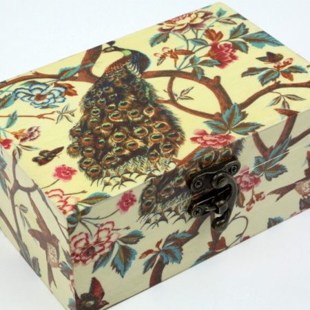Wood handmade keepsake jewellery, memories, card box, Peacock Flowers wildlife style, Burgundy lined