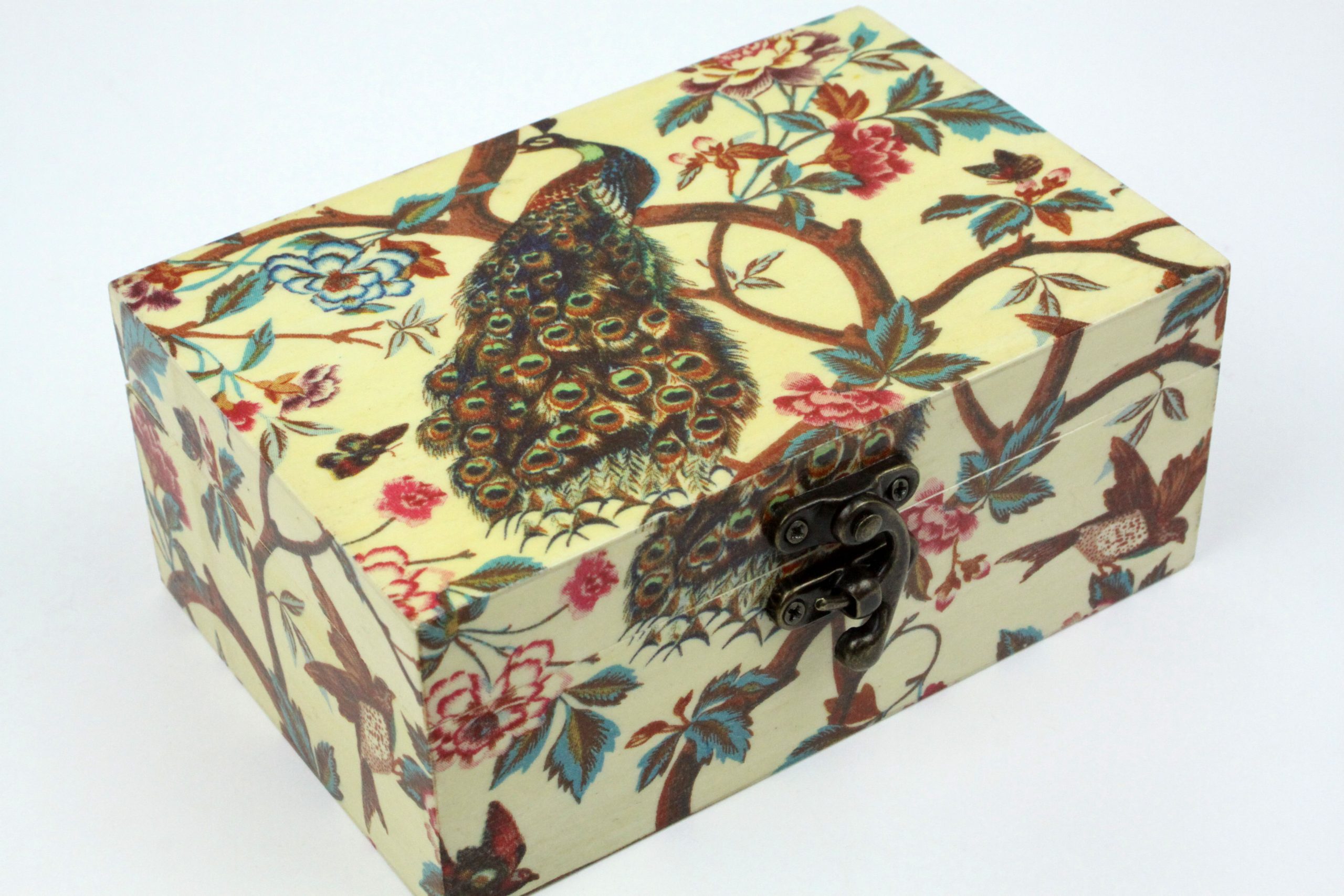 Wood handmade keepsake jewellery, memories, card box, Peacock Flowers wildlife style, Burgundy lined