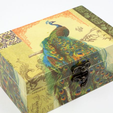 Wood handmade keepsake jewellery, memories, card box, Peacock Flowers wildlife style, Green lined