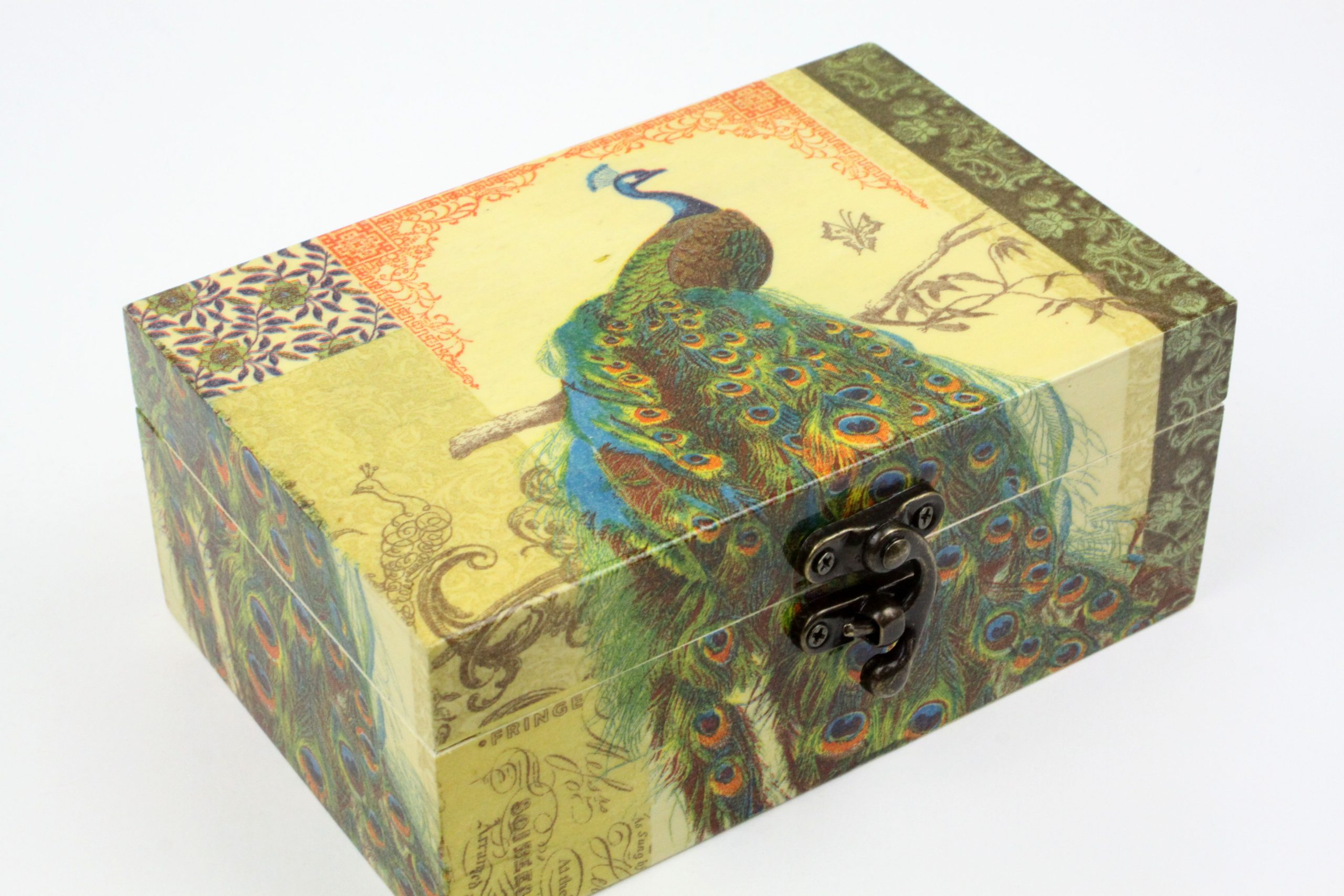 Wood handmade keepsake jewellery, memories, card box, Peacock Flowers wildlife style, Green lined