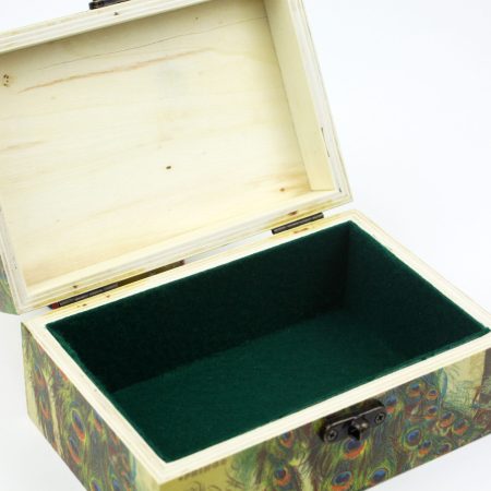 Wood handmade keepsake jewellery, memories, card box, Peacock Flowers wildlife style, Green lined