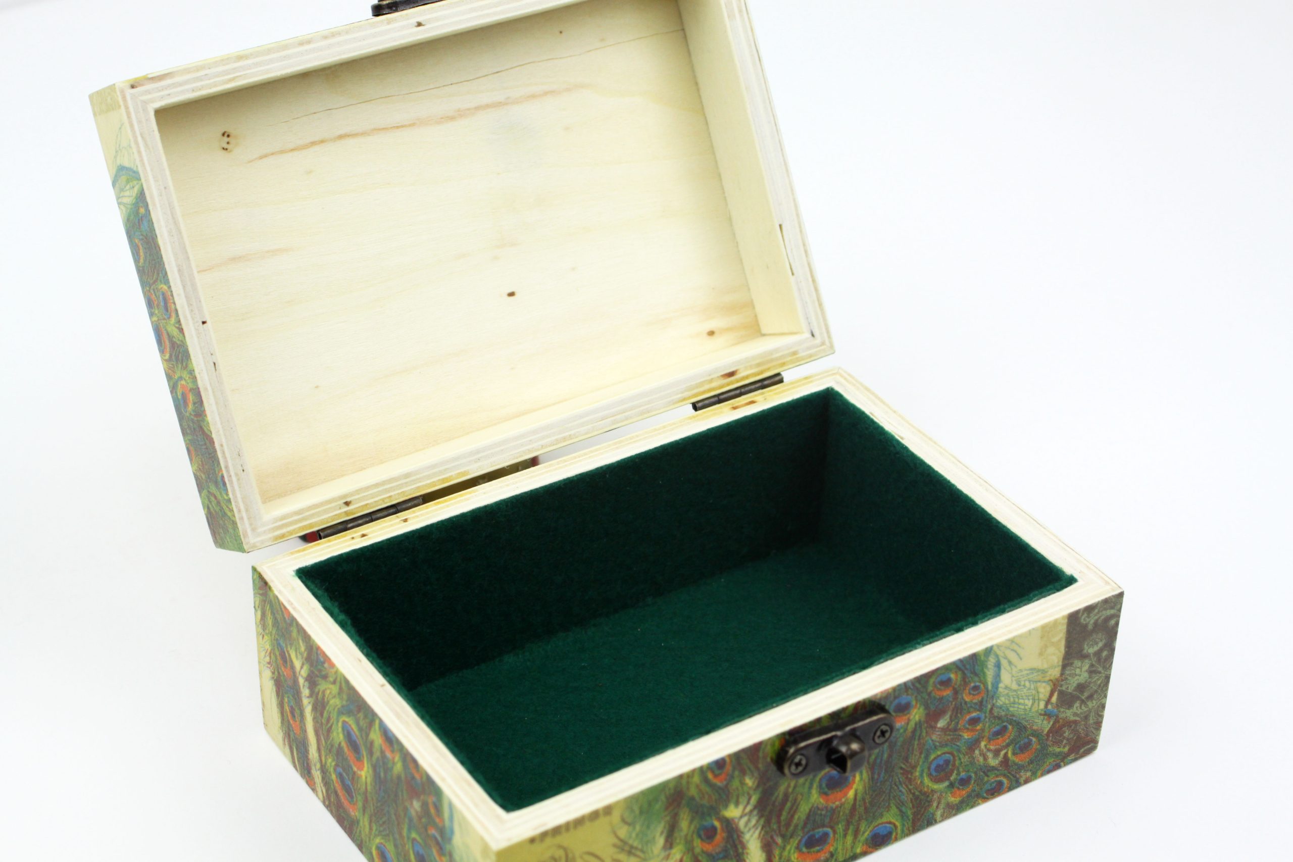 Wood handmade keepsake jewellery, memories, card box, Peacock Flowers wildlife style, Green lined