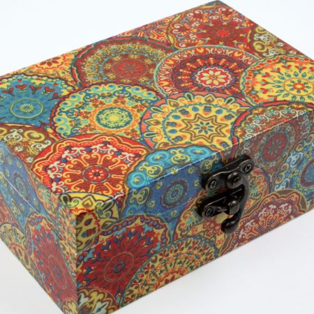Wood handmade keepsake jewellery, memories, card box, Moroccan Mandala style, Burgundy Lined