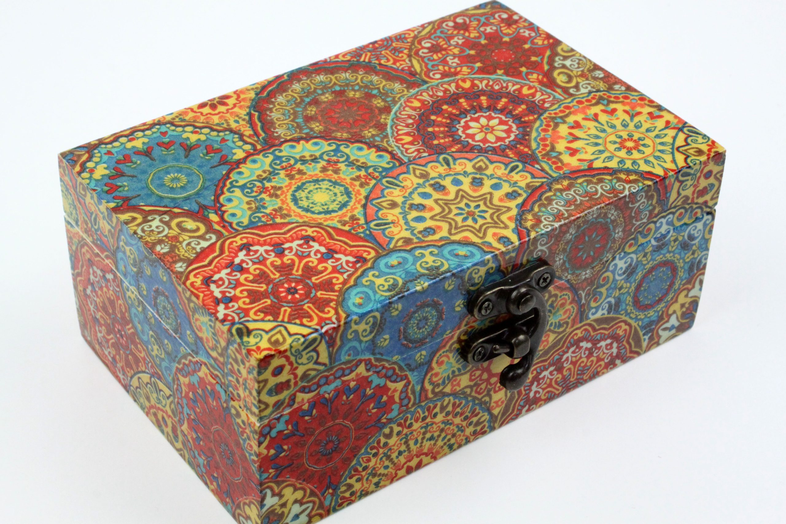 Wood handmade keepsake jewellery, memories, card box, Moroccan Mandala style, Burgundy Lined