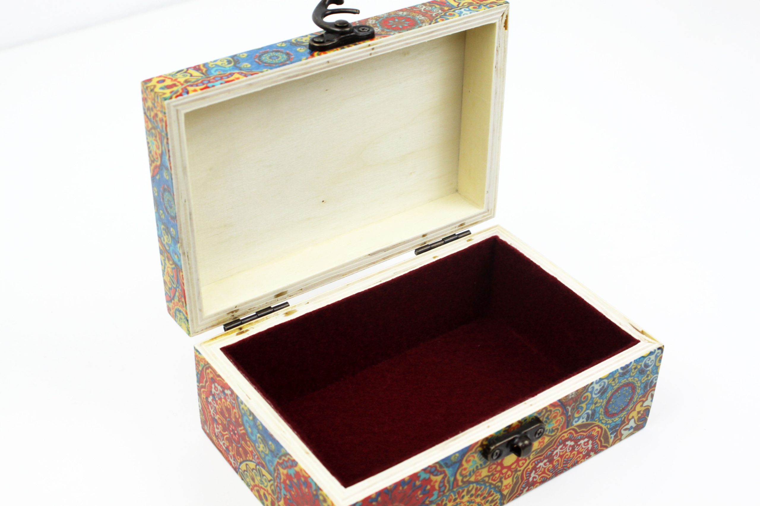 Wood handmade keepsake jewellery, memories, card box, Moroccan Mandala style, Burgundy Lined