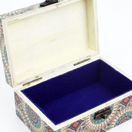Wood handmade keepsake jewellery, memories, card box, Moroccan Mandala style, Blue Lined