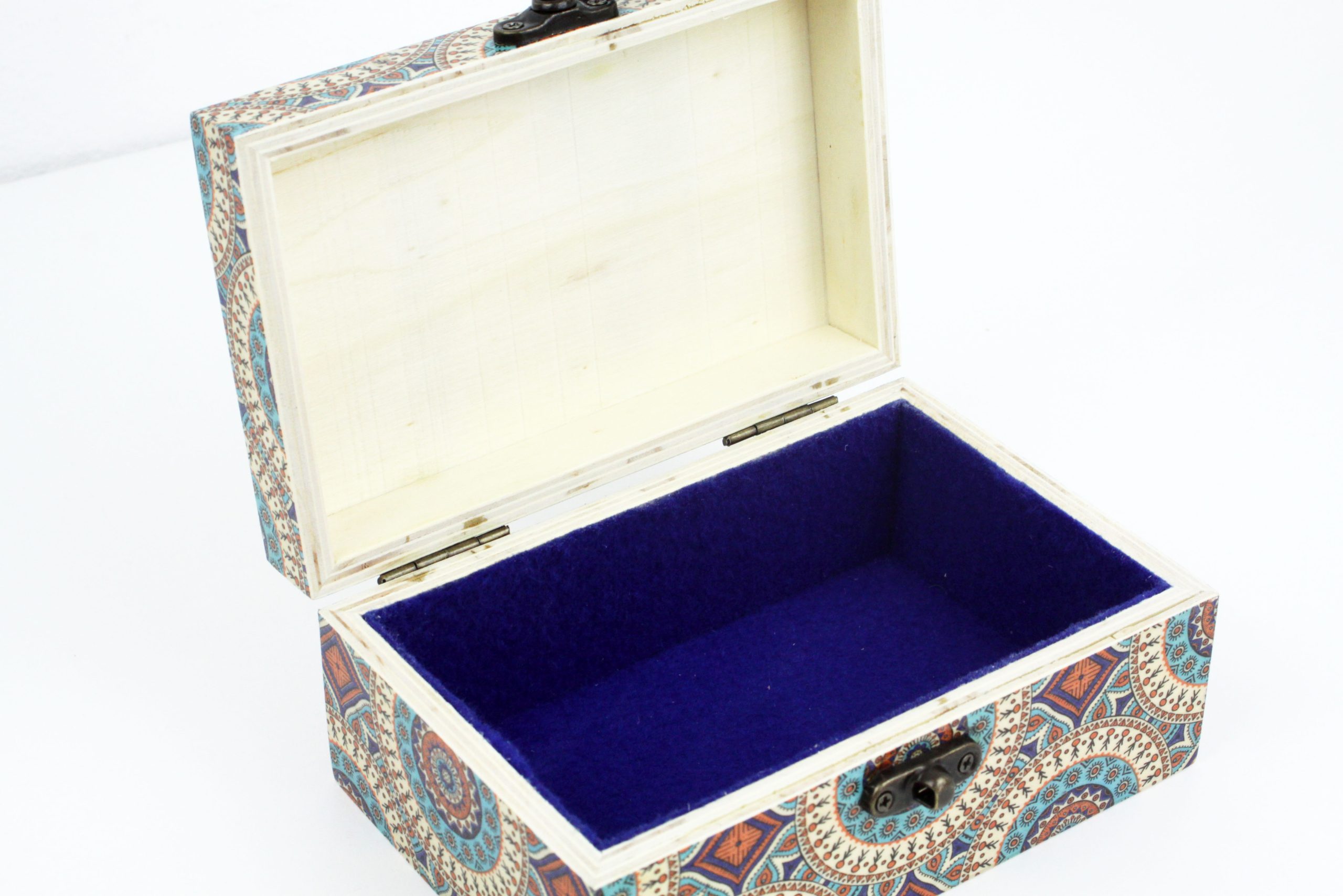 Wood handmade keepsake jewellery, memories, card box, Moroccan Mandala style, Blue Lined