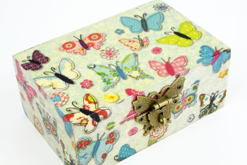 Wood handmade keepsake jewellery, memories, card box, Butterfly, Flower design, Blue Lined
