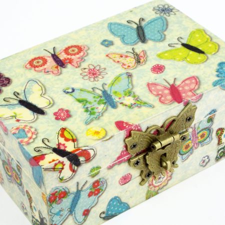 Wood handmade keepsake jewellery, memories, card box, Butterfly, Flower design, Blue Lined