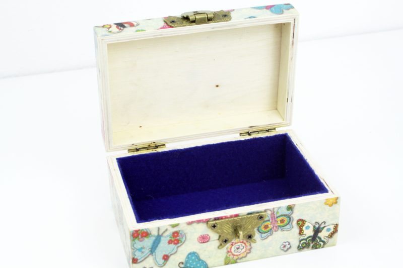 Wood handmade keepsake jewellery, memories, card box, Butterfly, Flower design, Blue Lined