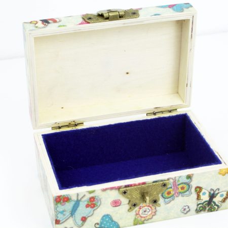 Wood handmade keepsake jewellery, memories, card box, Butterfly, Flower design, Blue Lined